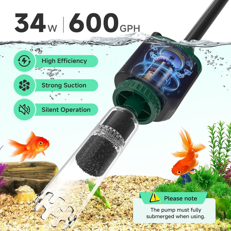 AQQA Fish Tank Cleaner, 34W 600GPH DC Gravel Vacuum for Aquarium, 6 in 1 Aquarium Vacuum Gravel Cleaner Adjustable Water Flow Cleaning Tools for Change Water Wash Sand Water Filter Water Circulation - Image 2